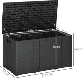 Baú de Armazenamento Exterior 366L com Parede Dupla Rodas Alças para Varanda Pátio Carga 100 kg 122,4x62x64,5 cm Preto