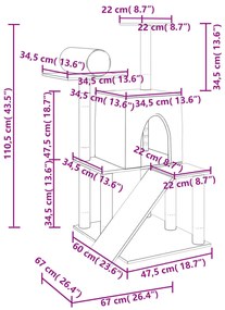 Árvore gatos c/ postes arranhadores sisal 110,5 cm cinza-claro