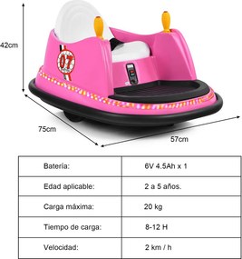 Carrinho choques eletrico para crianças 6V, giratório em 360° com luzes e música, , 57 x 75 x 42 cm, rosa