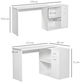 HOMCOM Secretária de Canto Secretária Giratória 180º com 2 Prateleiras 1 Gaveta 1 Armário para Escritório Casa 117x82x74cm Branco