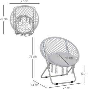 Poltrona redonda de jardim Loveuse, poltrona Papasan em forma de lua, dobrável, de grande conforto, em macramé de algodão e poliéster cinzento