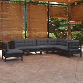 7 pcs conjunto lounge jardim c/ almofadões pinho maciço preto