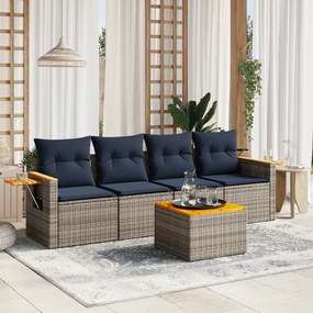 5 pcs conjunto sofás p/ jardim c/ almofadões vime PE cinzento