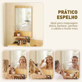 Conjunto de Móveis de Entrada de Parede com Espelho e Arrumação com Gaveta e 2 Prateleiras Abertas em Madeira Natural