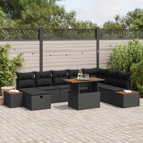 Conjunto de Sofá para Jardim de 9 peças com Almofadas Pretas em Rattan