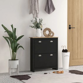 Sapateira com 2 portas basculantes 79 x 23 x 90,5 cm,, 2 compartimentos, puxadores em forma de concha em metal, preto e cor carvalho