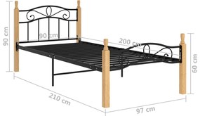 Estrutura de cama 90x200 cm metal/madeira carvalho maciça preto