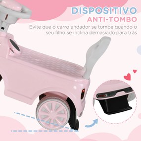 Carro Andador para Bebés de 18-36 Meses com Volante Buzina e Sistema Anti-Tombo  53x25x35 cm Rosa
