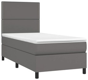 Cama box spring c/ colchão/LED 90x200 cm couro artificial cinza