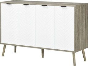 Aparador cozinha baixo 120 x 35 x 77,4 cm com 2 armários de 4 portas, padrão em espinha, prateleiras ajustáveis, branco e cinzento