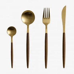 Conjunto De Talheres Em Aço Inoxidável Com Cabo Efeito Madeira De 16 Peças Monovar Dourado - Sklum