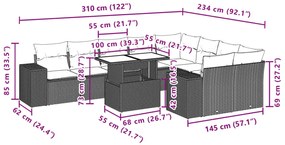 10 pcs conj. sofás jardim com almofadões vime PE castanho