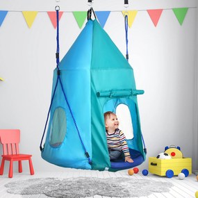 Baloiço em forma de ninho de pássaro com tenda amovível, Ø 100 cm, carga máxima de 150 kg, corda ajustável em altura de 120 a 180 cm, azul