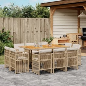 vidaXL 11 pcs conjunto de jantar p/ jardim com almofadões vime PE bege