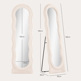 Espelho de Pé 50x160 cm Espelho de Corpo Inteiro ou de Parede com Desenho Assimétrico e Estrutura de Veludo Creme