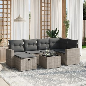 7 pcs conjunto sofás p/ jardim c/ almofadões vime PE cinzento