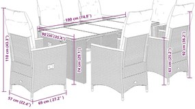 7 pcs conjunto de jantar p/ jardim c/ almofadões vime PE cinza
