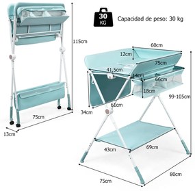 Trocador de fraldas portátil e dobrável para crianças com altura ajustável e 4 rodas flexíveis 75 x 80 x 105 cm Azul