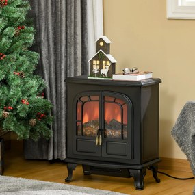 Lareira elétrica tipo fogão 51 x 28 x 60 cm, estilo neo-retro, 2 portas, vidro temperado, 1000/2000 W, LED com luminosidade regulável, aço e ABS, pret