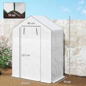 Estufa de Jardim Pequena de 3 Níveis com 6 Prateleiras Porta Enrolável e Capa de PE 143x74x190 cm Branco