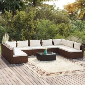 vidaXL 10 pcs conjunto lounge jardim c/ almofadões vime PE castanho