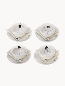 Chávenas de café com pires e colheres pintadas à mão Undressed, conjunto de 4
