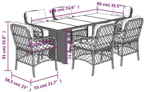 7 pcs conjunto jantar p/ jardim c/ almofadões vime PE castanho