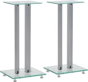 vidaXL Suportes colunas 2pcs vidro temperado design 2 pilares prateado