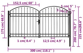 Portão p/ cerca porta dupla e topo arqueado 300x175cm aço preto