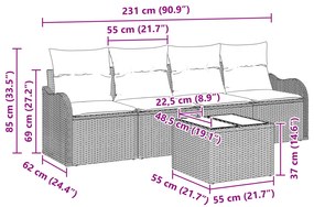 Conjunto de Sofá para Jardim de 5 peças com Almofadas Bege de Rattan S