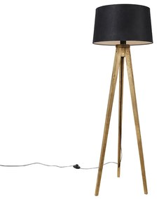 Candeeiro de pé rústico vintage em madeira com abajur de linho preto 45 cm - Tripod Classic