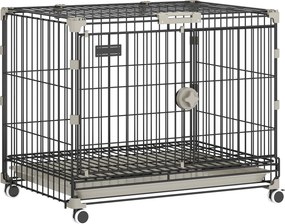 PawHut Gaiola para Cães Dobrável com Rodas, Tabuleiro Amovível, Porta Deslizante e Teto Rebatível 60,5x45,5x54,5 cm Preto | Aosom Portugal