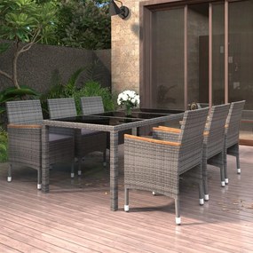 vidaXL 7 pcs conjunto jantar p/ jardim vime PE e vidro temperado cinza