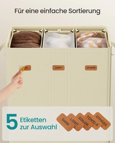 Cesto para roupa suja com três compartimentos (160L) 64 x 33 x 75 cm Creme