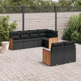 7 pcs conjunto de sofás p/ jardim c/ almofadões vime PE preto