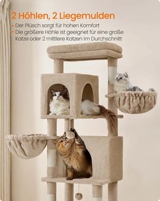 Arranhador para gatos com 175 cm de altura, 2 cavernas e 2 cavidades para descansar castanho camelo