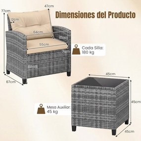 Conjunto de jardim de 3 peças, composto por cadeiras de rattan e mesa com tampo de vidro temperado para pátio, rattan em mistura de cinzento com almof
