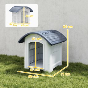 Casota para cães de exterior de plástico 71 x 60 x 63 cm com piso elevado e removível, telhado impermeável, cinzento
