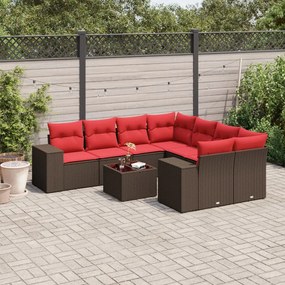 vidaXL 9 pcs conjunto sofás p/ jardim c/ almofadões vime PE castanho