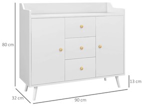 HOMCOM Aparador Sala de Estar Moderno Aparador de Cozinha com 2 Portas 3 Gavetas e Pés de Madeira de Pinho para Sala de Estar Corredor Dormitório 90x32x80 cm Branco