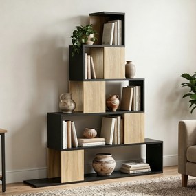 Estante de arrumação 120 x 22 x 131,5 cm, estante geométrica com 5 níveis, para escritório, sala de estar, quarto, em preto e madeira natural
