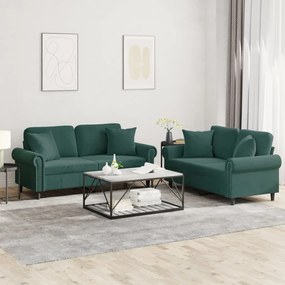 2 pcs conjunto de sofás com almofadas veludo verde-escuro