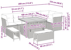 Conjunto de Sofá de Jardim vidaXL 9 Peças com Almofadas Bege Rattan Po
