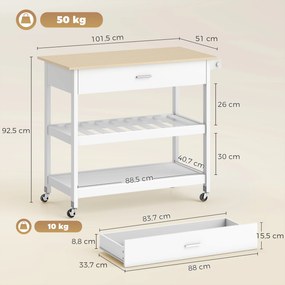 Carro de cozinha com rodas 108,8 x 51 x 92,5 cm, ilha central de cozinha com bancada, gaveta, prateleiras, toalheiro, branco