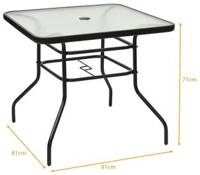 Mesa de Jardim Mesa de Café rectangular com Furo de Guarda Sol em Metal e Vidro para Varanda de Jardim 81 x 81 x 71 cm Preto