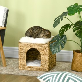 Compartimento aberto para gatos de 2 andares com 2 almofadas em jacinto-d'água - 37,5 x 37,5 x 41,5 cm castanho-creme