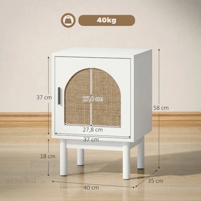 Mesa de Cabeceira com Porta de Vime Prateleira Ajustável e Pés de Madeira Estilo Boémio Mesa Auxiliar 40x35x58 cm Branco