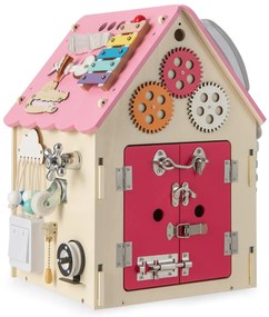 Casa de actividades em madeira com parque infantil sensorial e espaço de arrumação no interior Brinquedo educativo para 3+ anos 33 x 33 x 45 cm Rosa