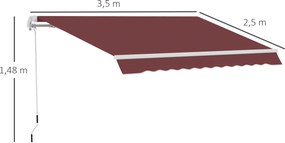 Toldo Manual Retrátil 3,5x2,5 m com Ângulo Ajustável Manivela Estrutura de Alumínio e Proteção UPF30+ Vinho Tinto