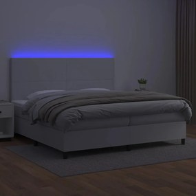 Cama box spring c/colchão/LED 200x200cm couro artificial branco